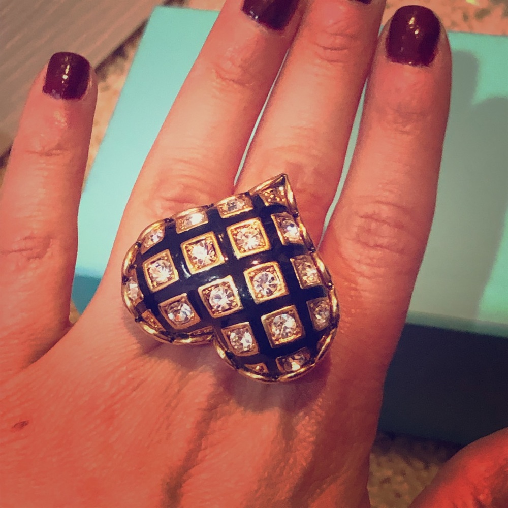 Betsey Johnson ring w/ rhinestones, black enamel